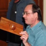 Russ Babbitt holding up his extremely thin rectangular winged bowl that only won an HM at the fair. This was probably the most technically difficult and beautiful piece but not considered unique by the judge.