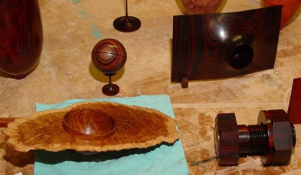 Winged bowls, Spherical Box on stand, and threaded box.