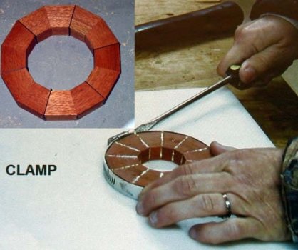 Glueing up a single ring using a hose clamp.