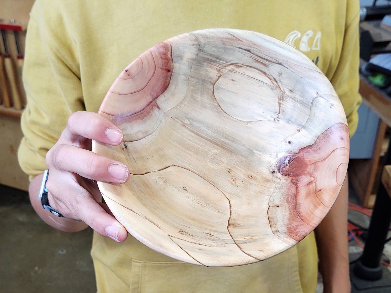 A redwood bowl turned on the lathe with the help of CIW mentors.